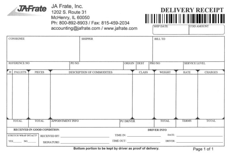 Example of a blank Delivery Receipt (DR)
